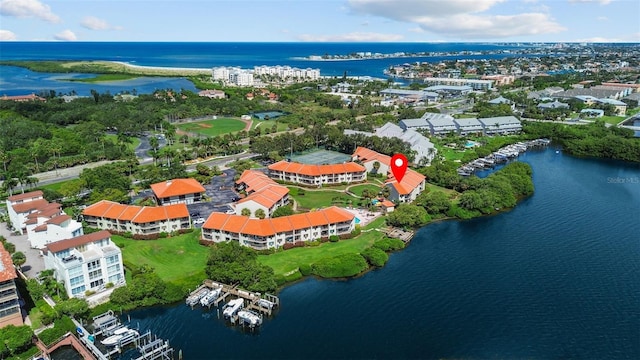 drone / aerial view featuring a water view