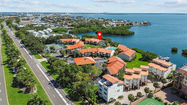 birds eye view of property featuring a water view