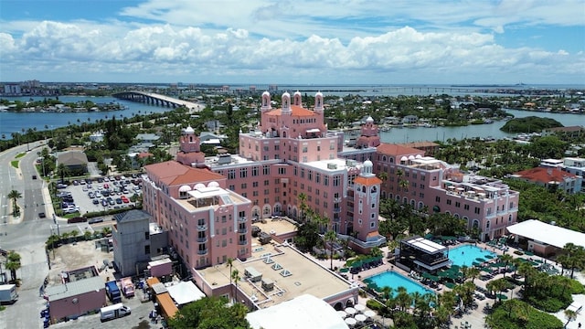 aerial view featuring a view of city and a water view