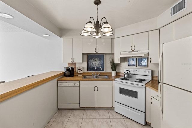 kitchen with white appliances, visible vents, under cabinet range hood, white cabinetry, and a sink