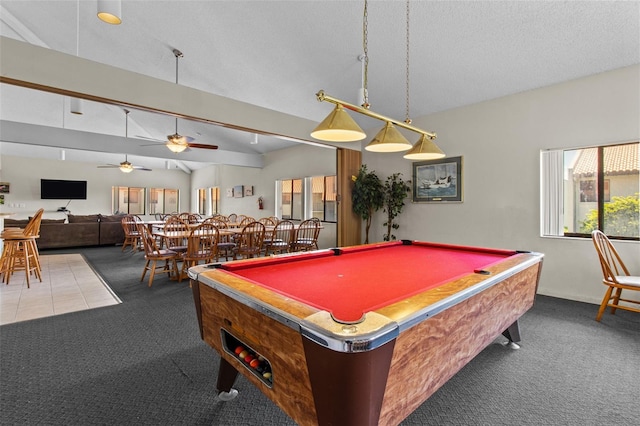 recreation room with lofted ceiling with beams, pool table, a textured ceiling, and dark carpet