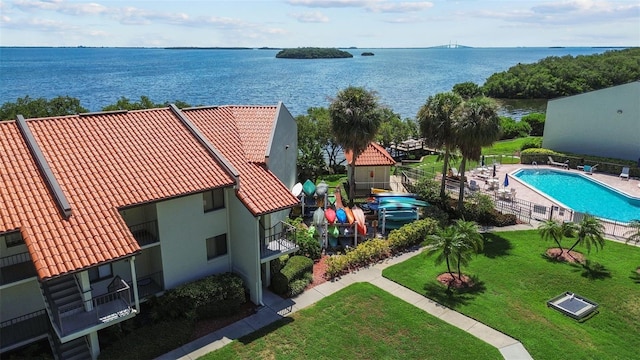 drone / aerial view with a water view