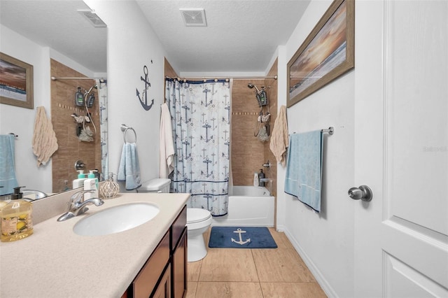 full bathroom with shower / bath combo, a textured ceiling, tile patterned floors, vanity, and toilet