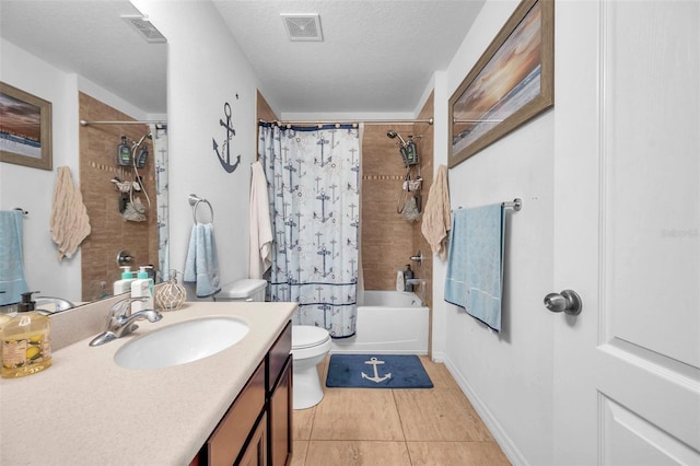116 Caladium Ct, Bradenton, FL 34212 - bathroom with toilet, vanity, tile patterned flooring, shower / bath combination with curtain, and a textured ceiling