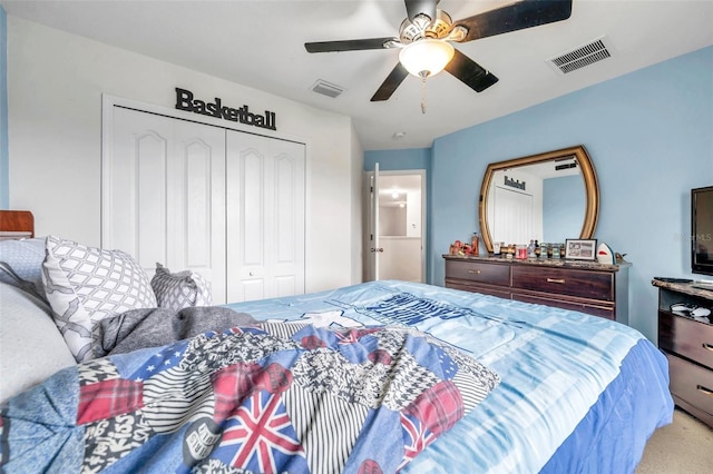 116 Caladium Ct, Bradenton, FL 34212 - bedroom featuring a closet, a ceiling fan, and light colored carpet