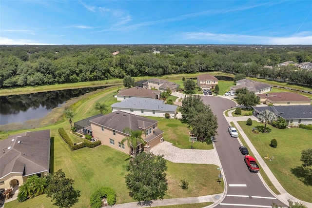 drone / aerial view featuring a water view