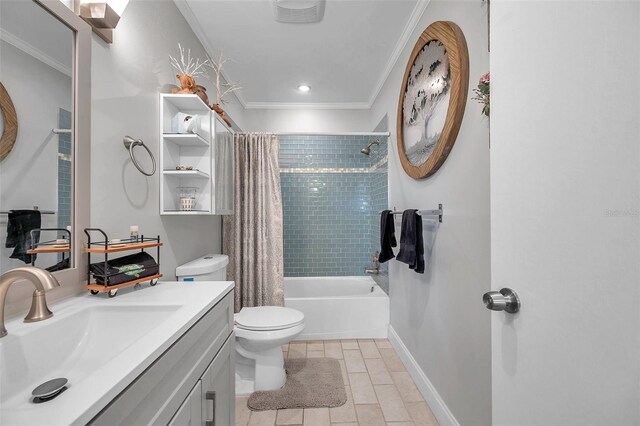 full bathroom featuring toilet, vanity, shower / bath combo, tile patterned floors, and crown molding