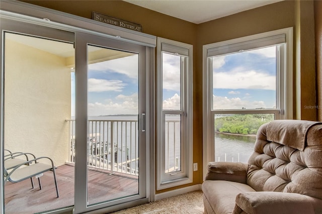 doorway with a wealth of natural light and a water view