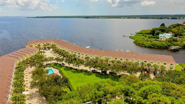 drone / aerial view with a water view