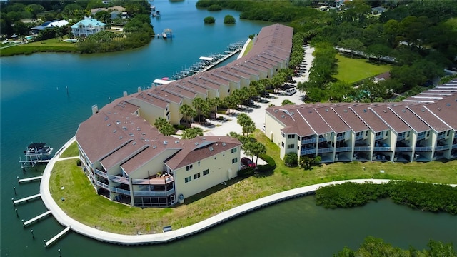 drone / aerial view featuring a water view