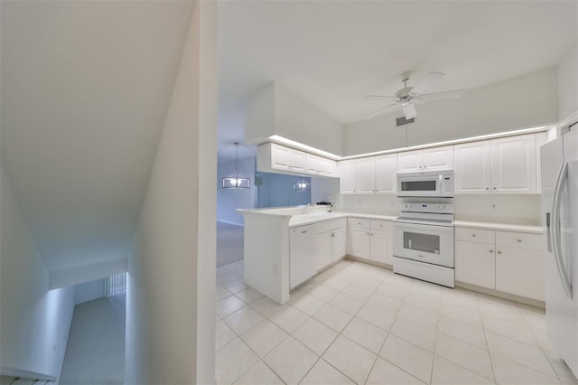 kitchen with light tile patterned flooring, white appliances, ceiling fan, and white cabinetry