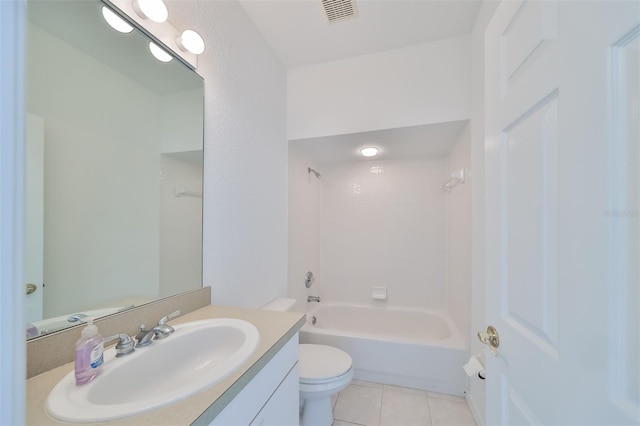 full bathroom with bathing tub / shower combination, vanity, tile patterned floors, and toilet