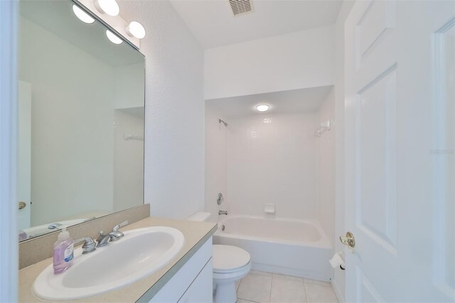 full bathroom with vanity, toilet, tub / shower combination, and tile patterned flooring