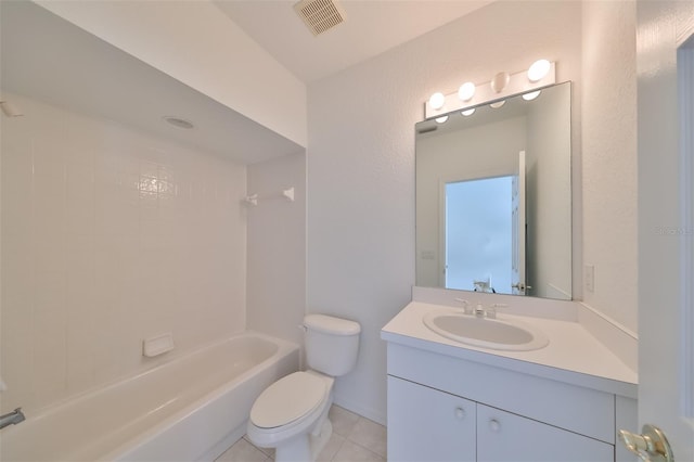 full bathroom with vanity, tub / shower combination, tile patterned floors, and toilet