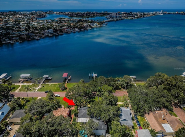 drone / aerial view with a water view