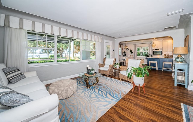 living room with a wealth of natural light and dark hardwood / wood-style flooring