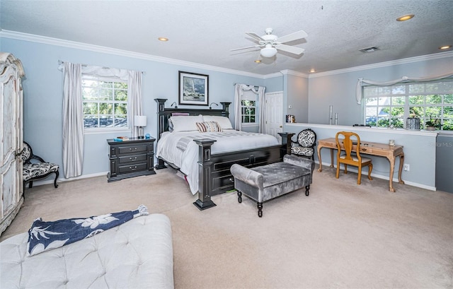 bedroom with multiple windows, a textured ceiling, ceiling fan, and carpet