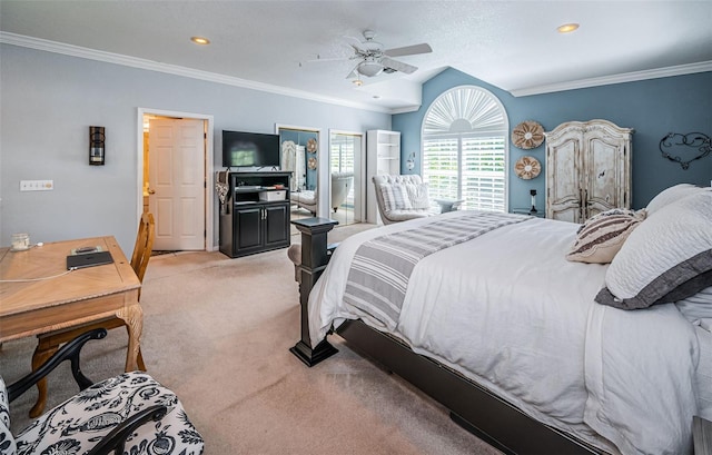 bedroom featuring carpet flooring, ceiling fan, and crown molding