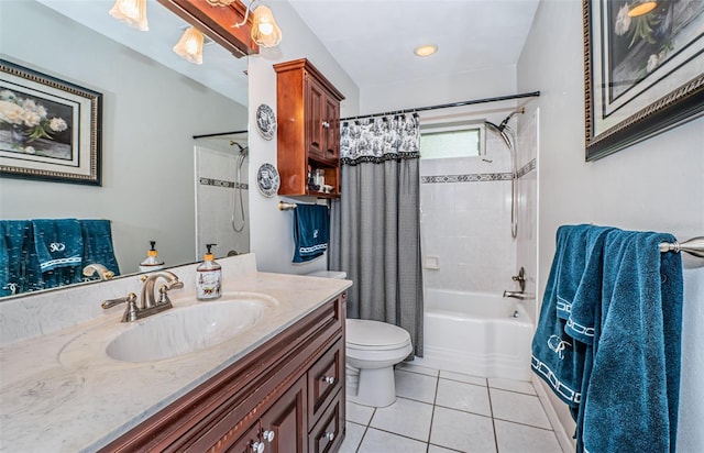 full bathroom with tile patterned flooring, vanity, toilet, and shower / bathtub combination with curtain