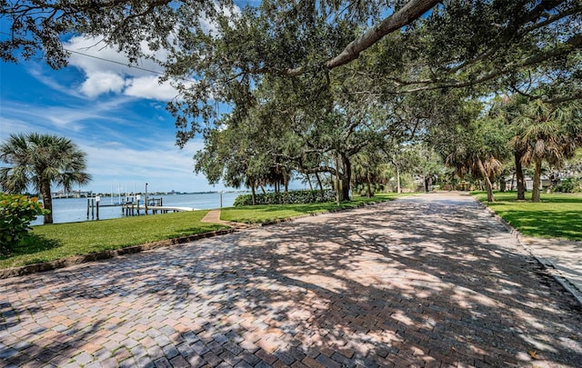 view of street with a water view