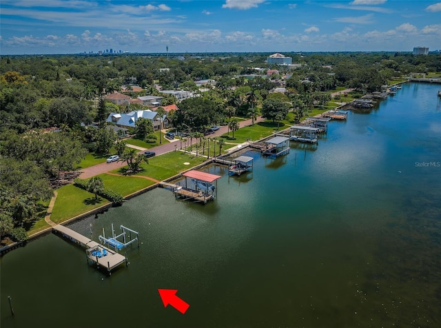 drone / aerial view featuring a water view