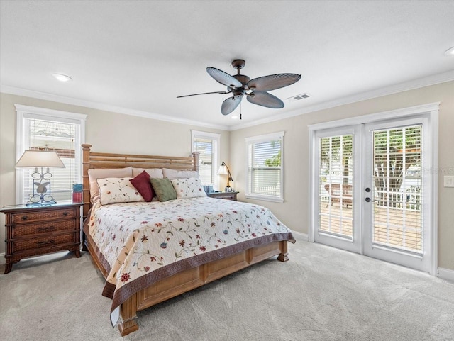 bedroom featuring light carpet, crown molding, access to outside, and ceiling fan