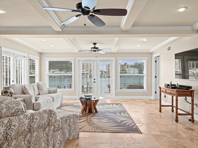 living room featuring coffered ceiling, ceiling fan, beam ceiling, and crown molding