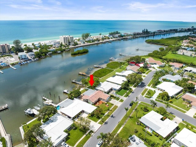 drone / aerial view featuring a water view