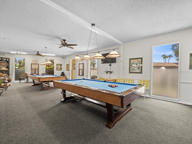 rec room with carpet flooring, a healthy amount of sunlight, pool table, and ceiling fan