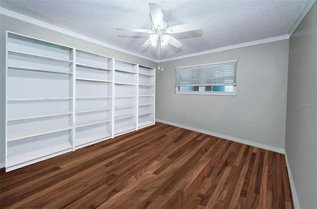 unfurnished room with ceiling fan, a textured ceiling, crown molding, and hardwood / wood-style floors