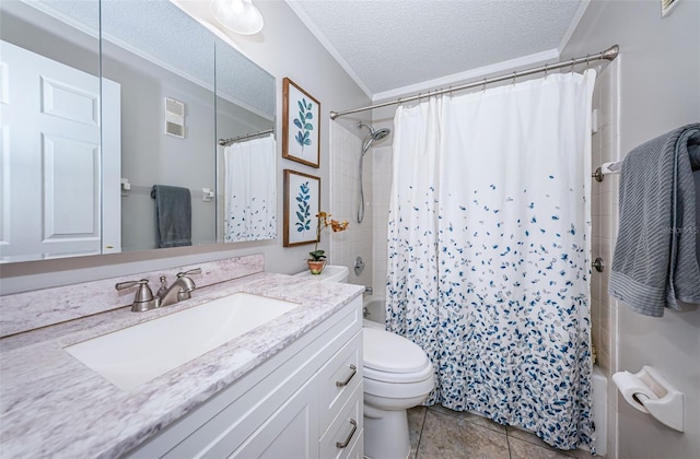 full bathroom with vanity, tile patterned floors, a textured ceiling, toilet, and shower / bath combo