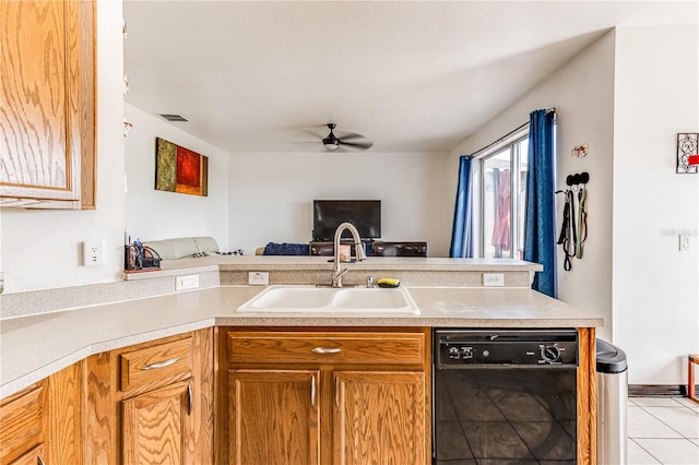 kitchen featuring kitchen peninsula, dishwasher, light tile patterned floors, ceiling fan, and sink