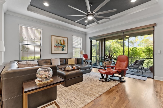 living room featuring light hardwood / wood-style flooring, ceiling fan, a raised ceiling, and plenty of natural light