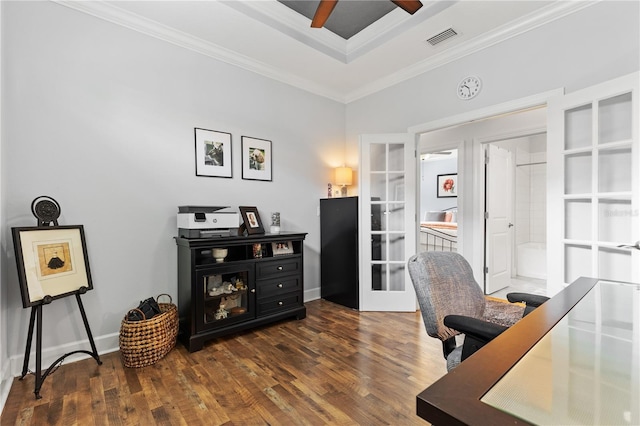 home office with ceiling fan, dark hardwood / wood-style floors, crown molding, and french doors