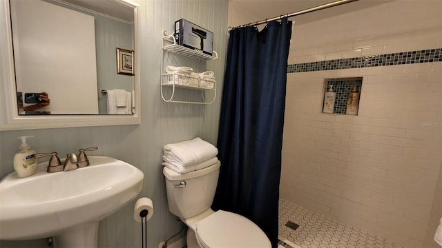 full bathroom featuring toilet, a stall shower, and a sink