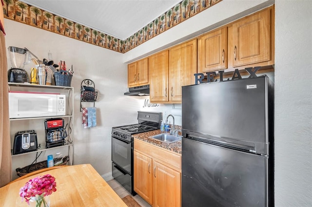 kitchen featuring black appliances, sink, and light wood-type flooring