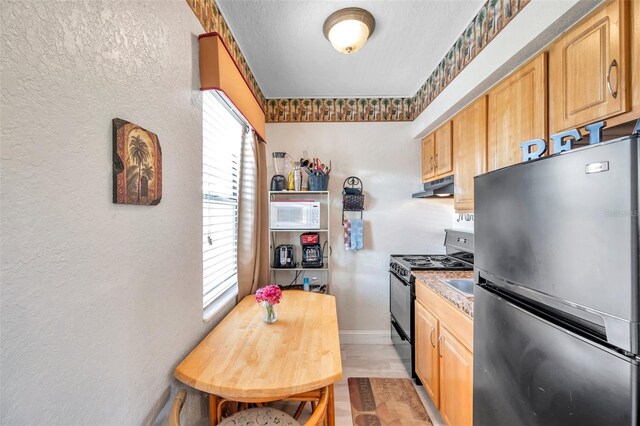 kitchen with gas stove, white microwave, a wealth of natural light, and stainless steel fridge