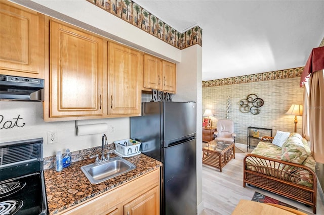 kitchen with ventilation hood, light brown cabinets, black fridge, light hardwood / wood-style flooring, and sink