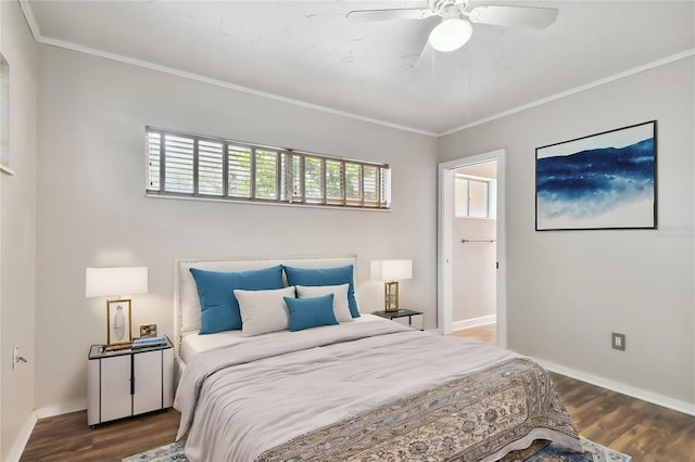 bedroom featuring ceiling fan, crown molding, and dark hardwood / wood-style flooring