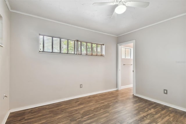 spare room with ceiling fan, crown molding, and wood-type flooring