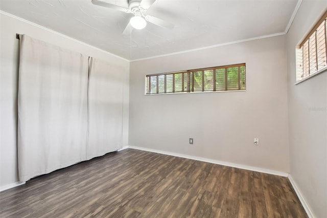 spare room with ceiling fan, ornamental molding, and wood-type flooring