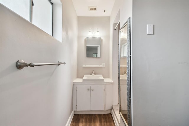 bathroom featuring a wealth of natural light, vanity, walk in shower, and wood-type flooring