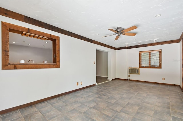 tiled empty room featuring ceiling fan and a wall unit AC