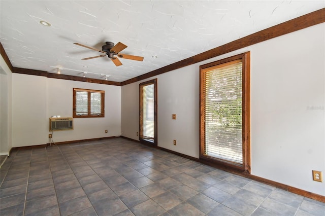 unfurnished room with tile patterned floors, ornamental molding, a healthy amount of sunlight, and ceiling fan