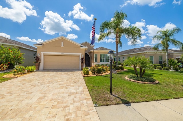 ranch-style house with a front lawn and a garage