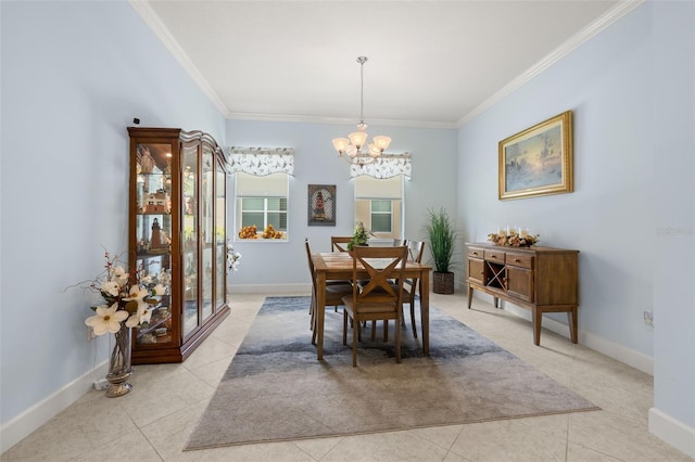 tiled dining space with a notable chandelier and crown molding