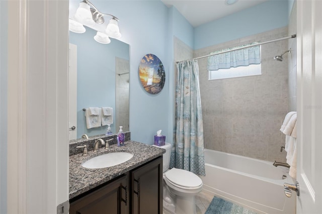 full bathroom featuring toilet, shower / bath combo with shower curtain, vanity, and tile patterned flooring