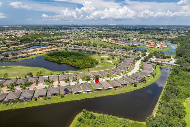 drone / aerial view featuring a water view