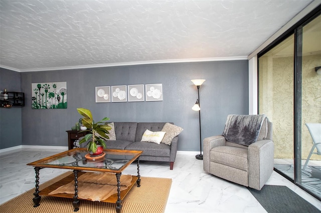 living room featuring crown molding and a textured ceiling