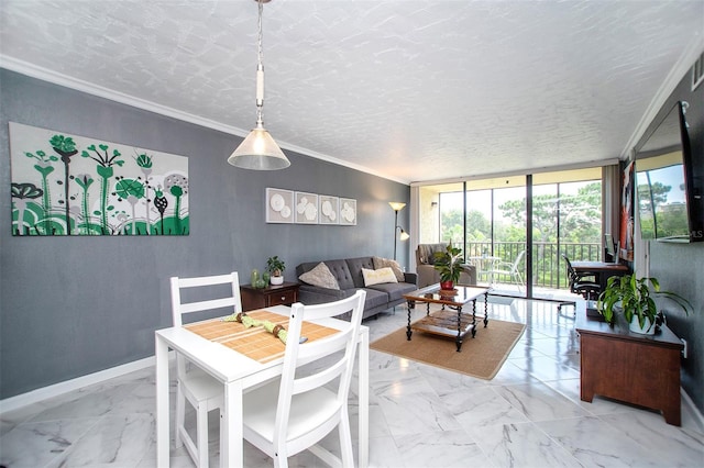 dining area featuring light tile patterned flooring, expansive windows, ornamental molding, and a textured ceiling